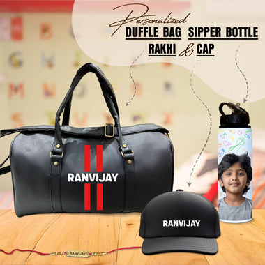 Rakhi Gift Set for Brother – Personalized Cap, Name Printed Duffle Bag, Photo Straw Bottle & Custom Name Foil Rakhi