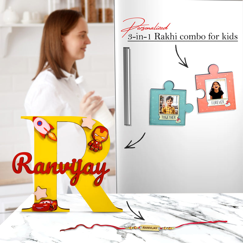 Rakhi Gift Combo –Colored Name Monogram, Puzzle Magnet & Foil Rakhi.