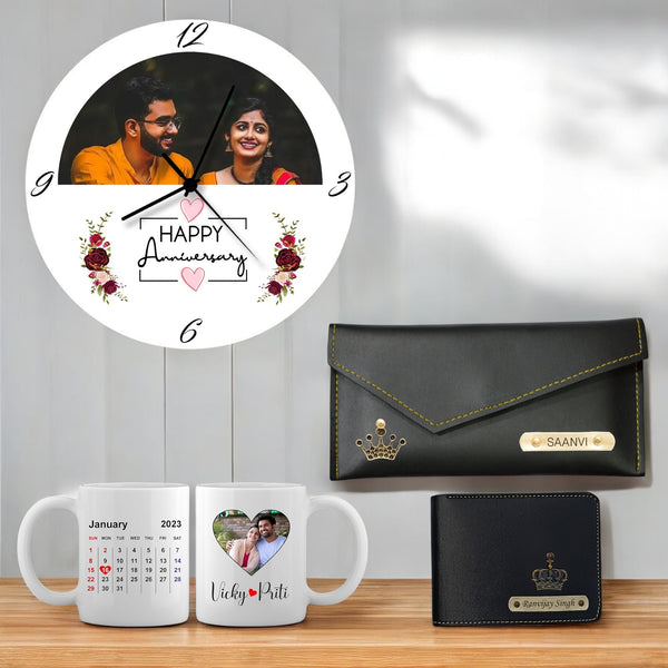 Personalized Anniversary Gift Set: Wallet, Clutch, Wall Clock & Mug.