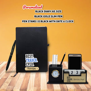 Customized Trader Gift Set – Black-Gold Slim Pen, Pen Stand with Clock