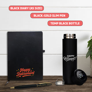 Retirement Gift Set – Pen, A5 Black Diary with Quote & Temperature Bottle –