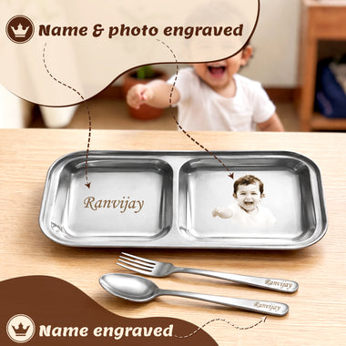 Customized Stainless Steel 2-Compartment Plate with Photo & Name | Kids Pav Bhaji Plate Set with Spoon & Fork