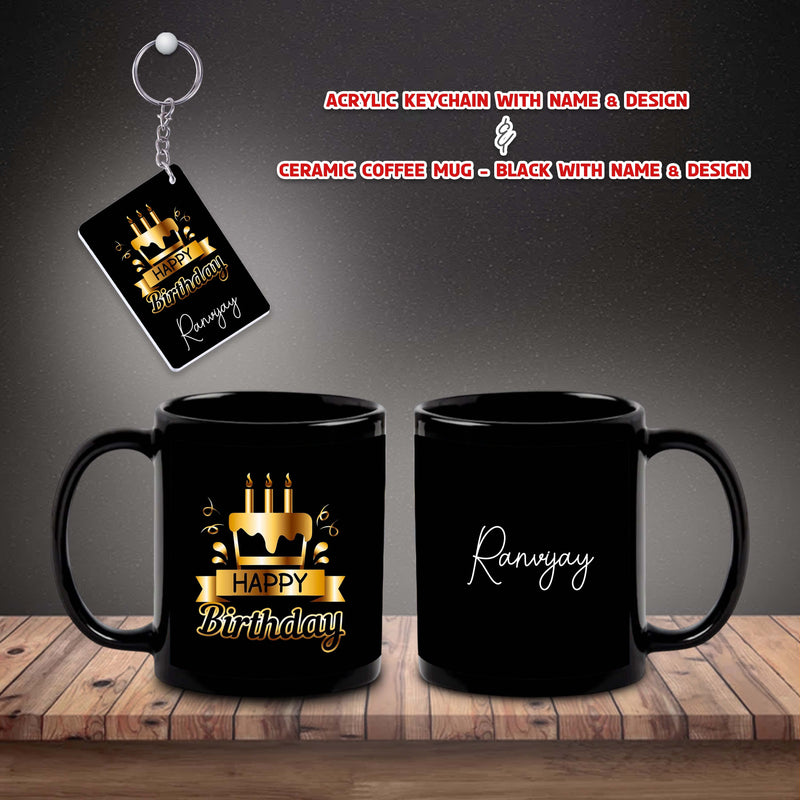 Birthday Gift Combo – Black Ceramic Coffee Mug & Keychain with 'Happy Birthday' Quote & Custom Name