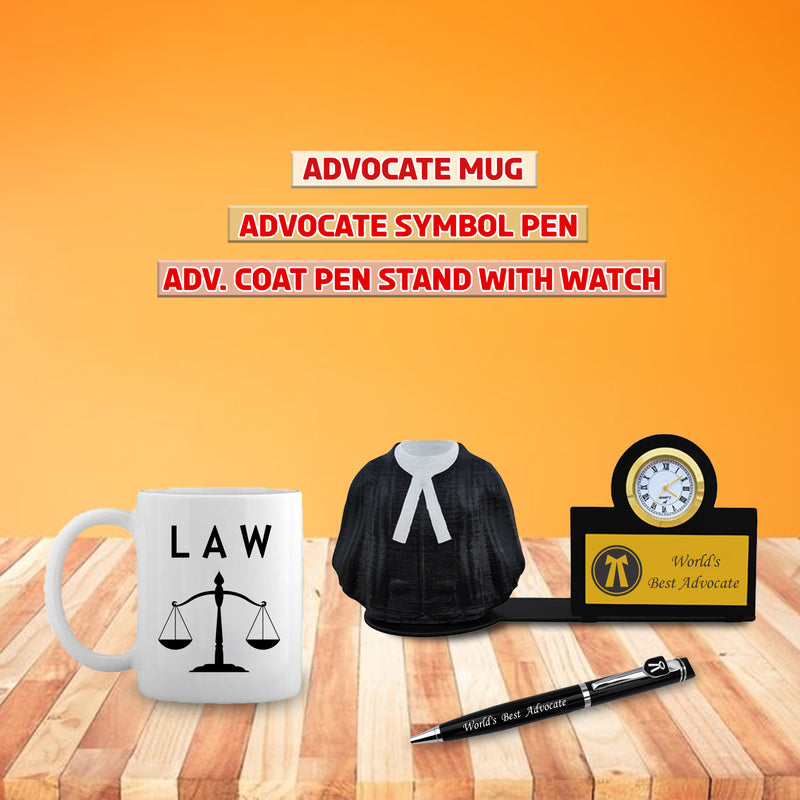 Advocate Pen, Fiber Pen Stand with Watch & Advocate Coffee Mug with 'World's Best Advocate' Engraved.