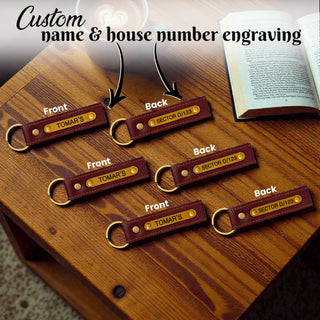 Leather Keychain Set of 3 with Custom Name, House Number & Mobile Number Engraved
