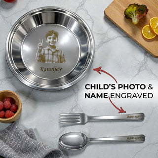 Personalized Kids Stainless Steel Round Plate – Custom Laser Photo & Name Engraved