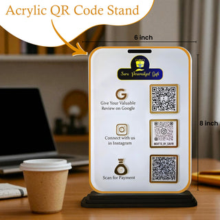 Personalized Acrylic QR Code Stand – 6x8 inch- with 3 Custom Slots for Logo & Branding