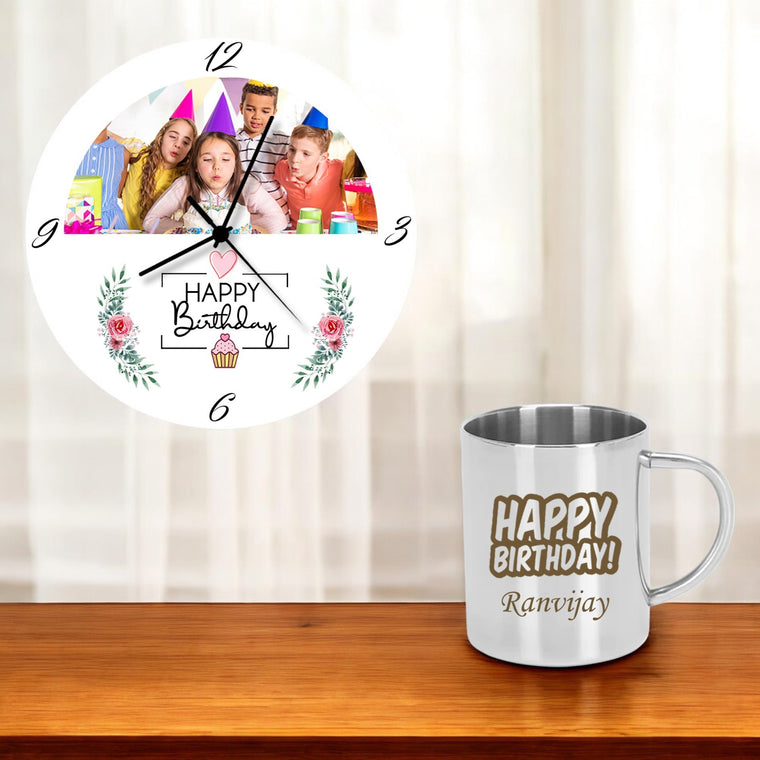 Birthday Combo: Personalized Steel Mug & Photo Wall Clock