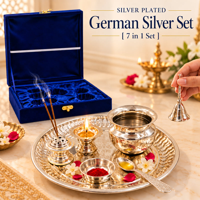 German Silver Swastik Pooja Thali Set with Velvet Gift Box | Silver Plated Diwali & Wedding Housewarming Gift