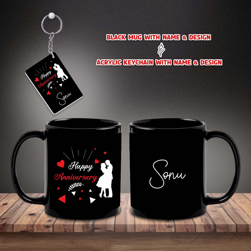 Anniversary Combo – Black Mug & Keychain with Happy Anniversary Quote & Name Printed