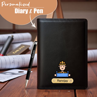 Customized Black Leather Diary with Coloured Logo Embossed & Name Engraved Pen.