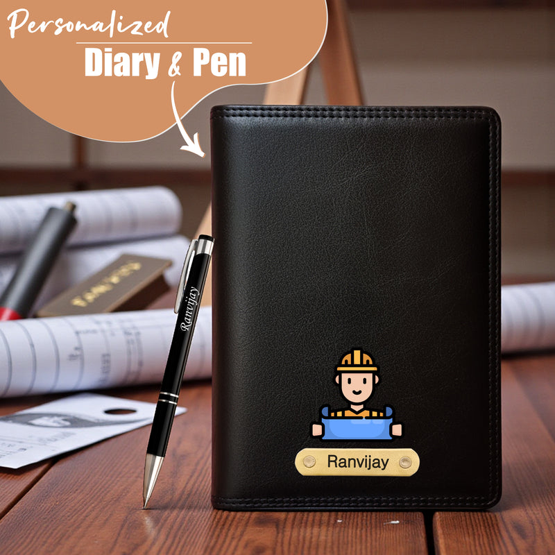 Customized Black Leather Diary with Coloured Logo Embossed & Name Engraved Pen.