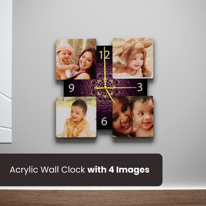 Acrylic Wall Clock (12x12 Inches) –With 4 Custom Photos &  Unique Design