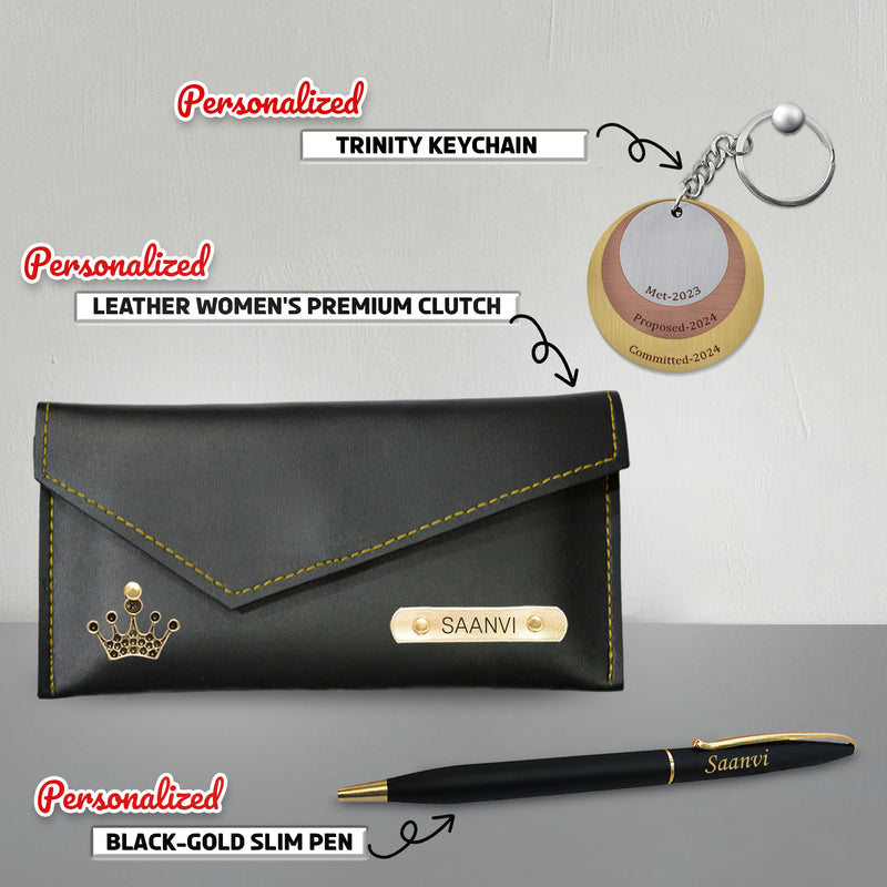 Valentine Female Gift Set – Personalized Keychain, Pen & Women's Clutch.