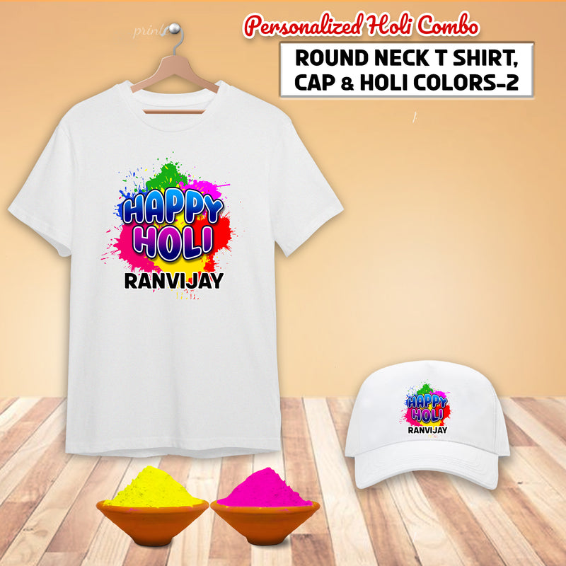 Personalized Holi Combo – T-Shirt & Cap with 2 Holi Colors