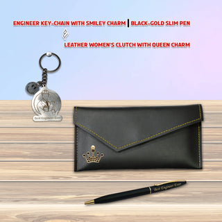 Engineer Gift Set for Women – Engraved Keychain, Pen & Clutch with Queen Charm