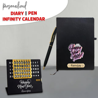 Customized New Year Hamper Combo (Black) - Infinity Calendar, Slim Pen & Leather Diary