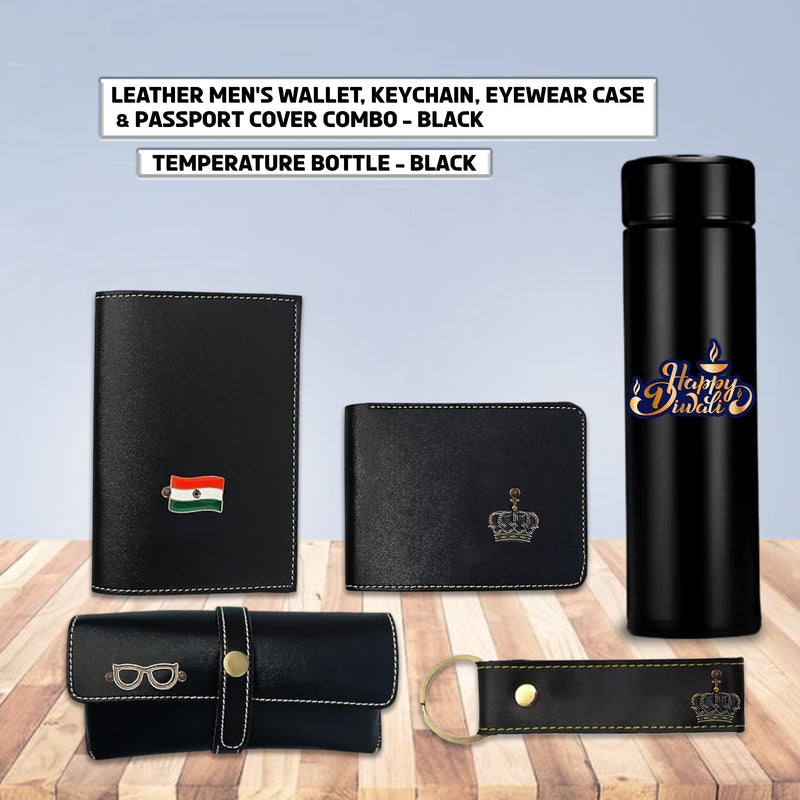 Diwali Gift Set - Men's Leather Wallet, Keychain, Eyewear Case, Passport Cover & 'Happy Diwali' Bottle