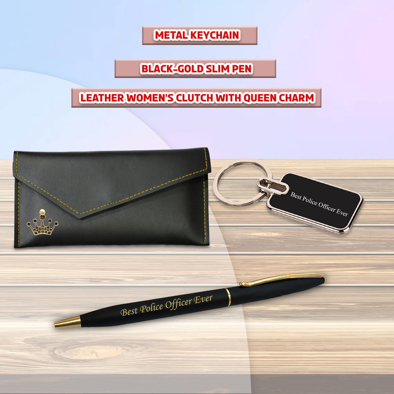 Police Set (Female) -Keychain & Pen with 'Best Police Officer Ever' Engraved,Clutch with Queen Charm