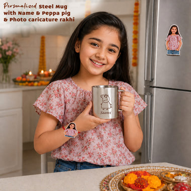 Customized Steel Mug with Name & Cartoon Print and Customized Photo Caricature Rakhi