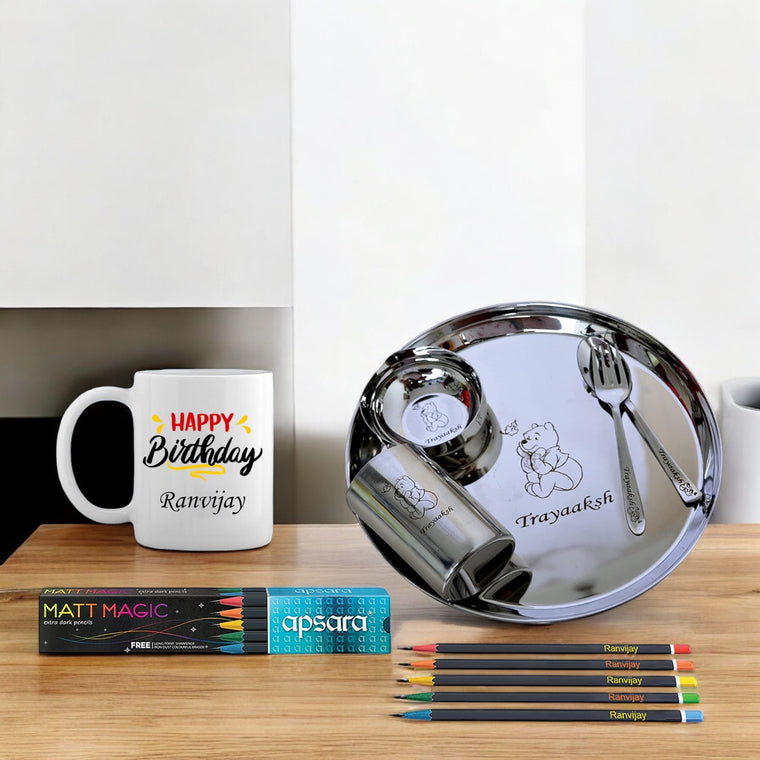 Birthday Combo for Kids- Meal Set with Name & Character, Coffee Mug, and Apsara Pencils