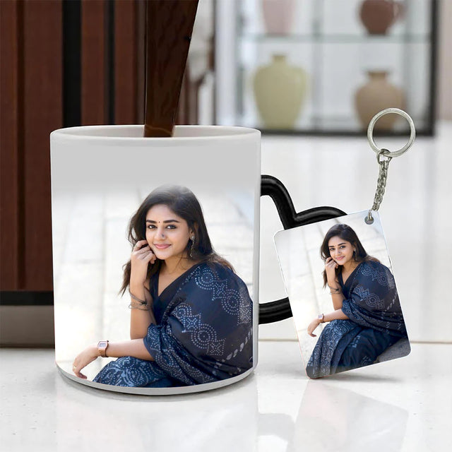 Photo Printed Magic Mug with Photo Keychain.