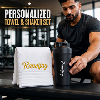 Customized Stainless Steel Gym Shaker & White Towel Combo set with Name| Best Gift for Gym Lover