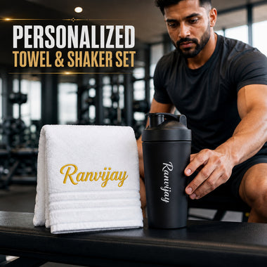 Customized Stainless Steel Gym Shaker & White Towel Combo set with Name| Best Gift for Gym Lover