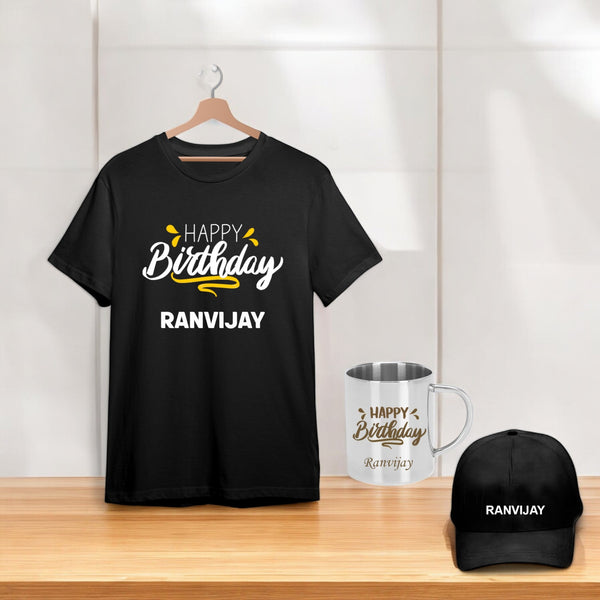 Kids' Birthday Gift Combo - Custom Cap, T-Shirt, & Steel Mug.