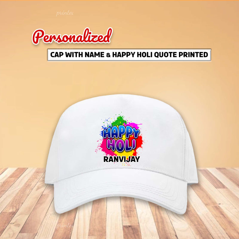 White Holi Cap with Name Printed – Happy Holi Festival Cap for Men & Women