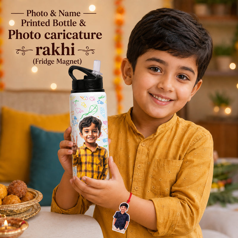 Customized 750 ML Aluminium Sipper Bottle with Photo & Name Print and Photo Caricature Rakhi