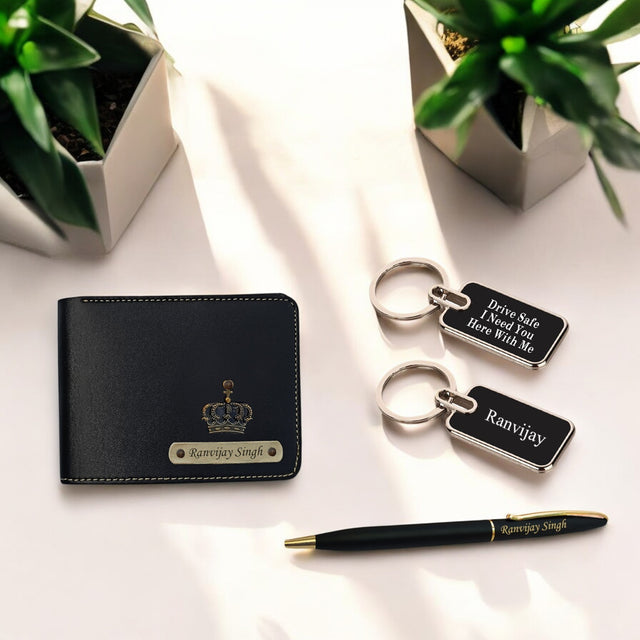 Father's Day Gift Combo - Engraved Keychain, Pen & Leather Wallet.