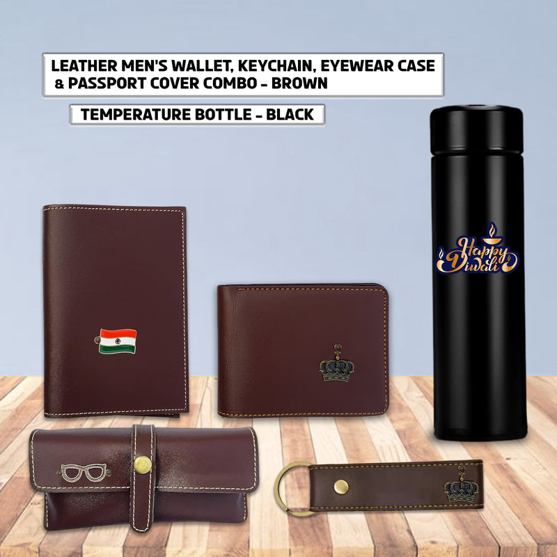 Diwali Gift Set - Men's Leather Wallet, Keychain, Eyewear Case, Passport Cover & 'Happy Diwali' Bottle