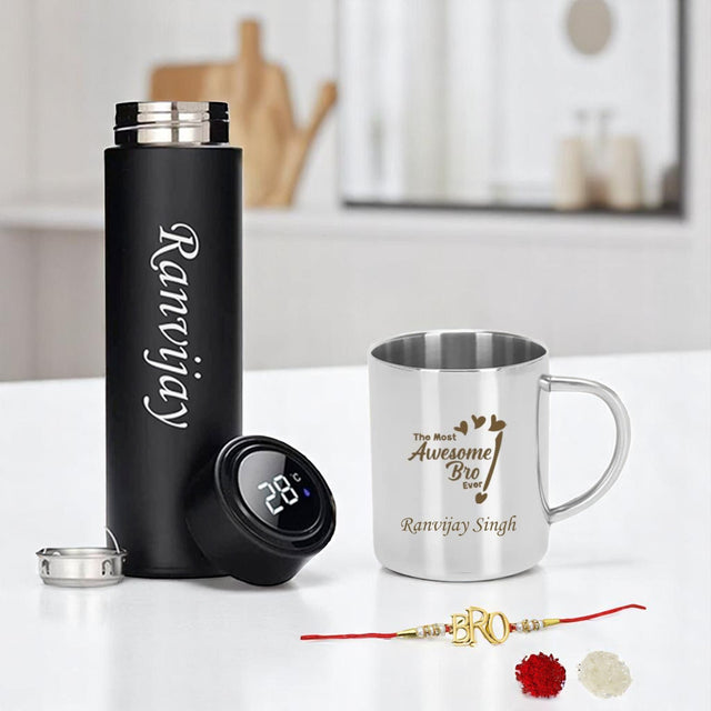Rakshabandhan Gift Set- Awesome Bro Quote Engraved Mug & Black Bottle