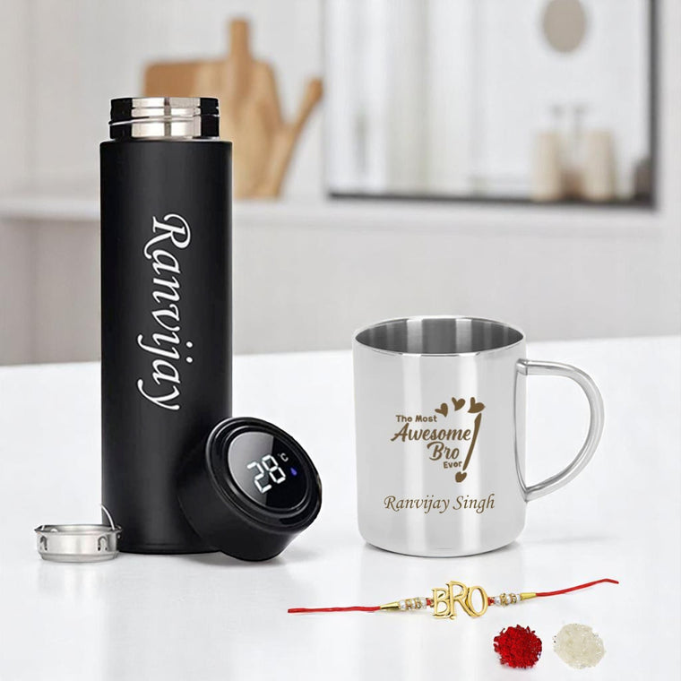 Rakshabandhan Gift Set- Awesome Bro Quote Engraved Mug & Black Bottle