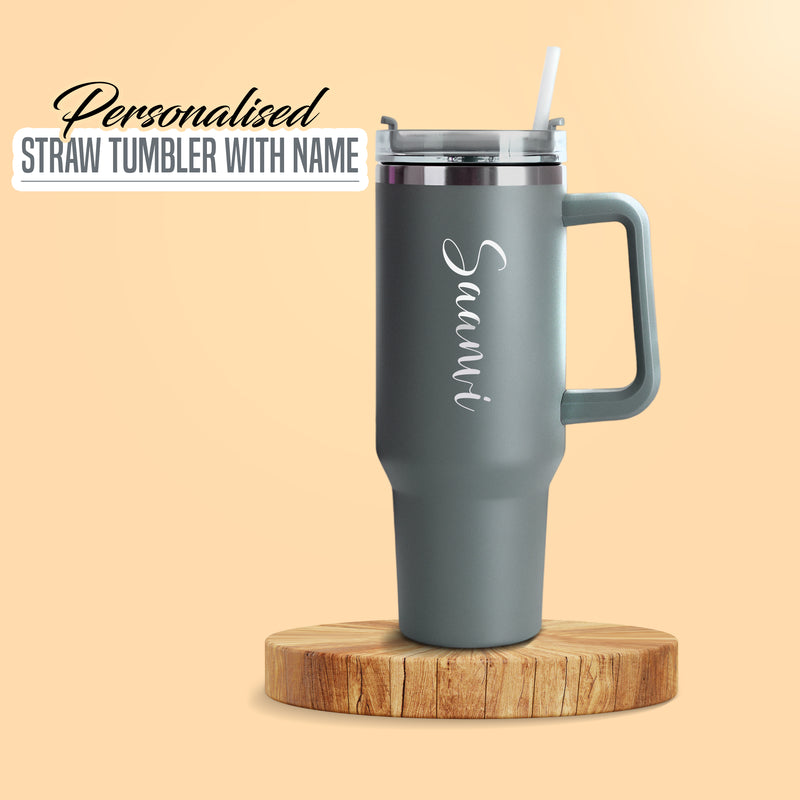 Personalized Stainless Steel Travel Tumbler with Lid, Straw & Name Engraving.