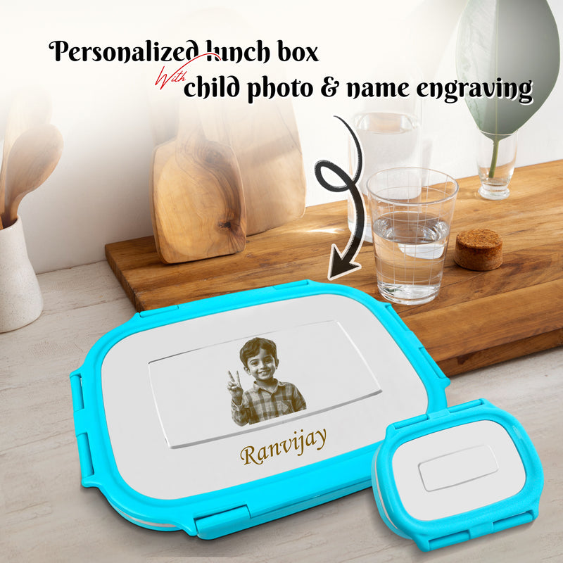 Personalized Stainless Steel Lunch Box for Kids (Blue) – Customized Laser Photo & Name Printed Tiffin Box