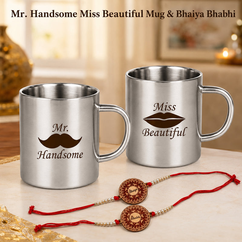 Couple Steel Mug Set of 2 with Rakhi Roli Chawal, Bhai Bhabhi Mug Set.