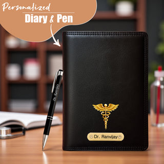 Customized Black Leather Diary with Coloured Doctor Logo & Name Engraved Pen.