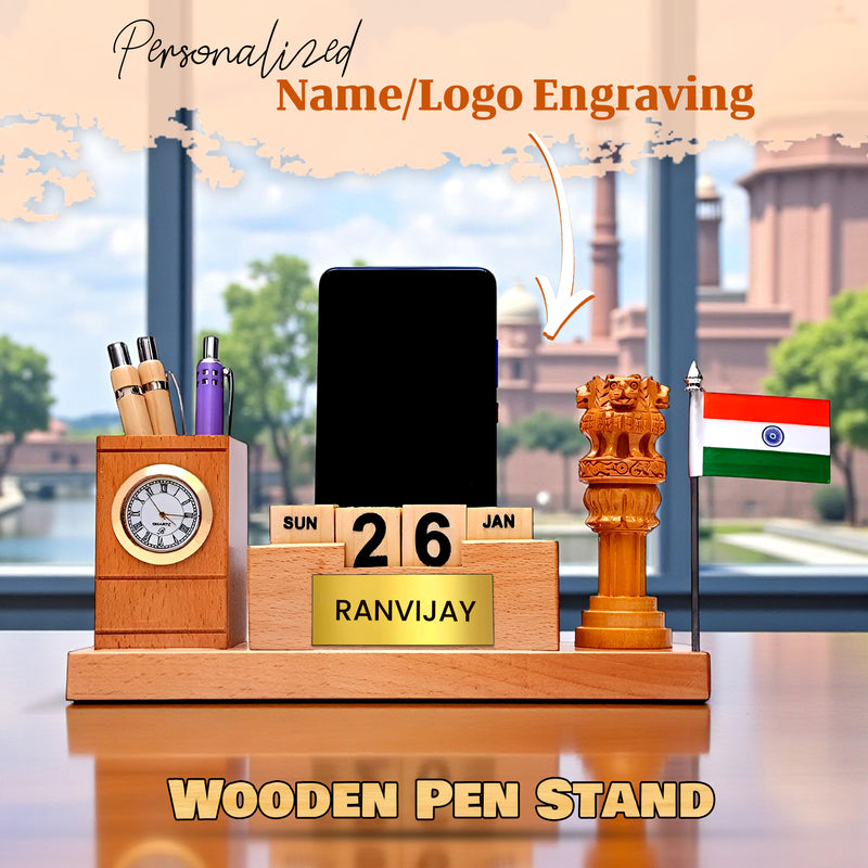 Customized Wooden Desk Organizer –Pen Holder with Analog Clock, Rotating Infinity Calendar, Indian Flag with customized name and logo