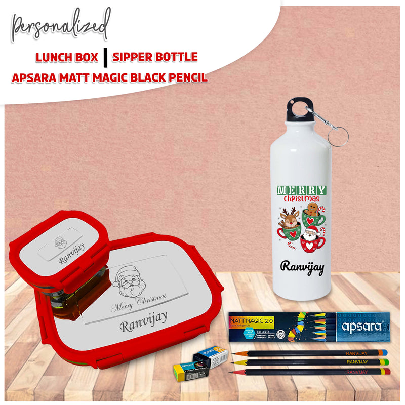 Christmas Gift Set - Pencils, Lunch Box & Bottle with Name & Design