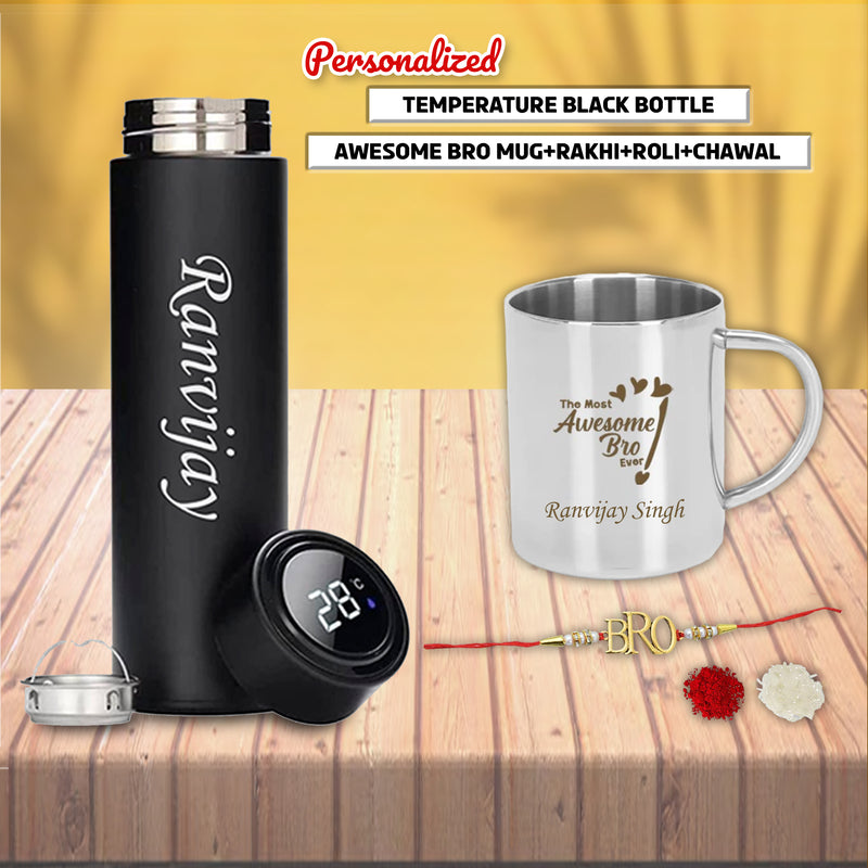 Personalized Rakhi Set: Awesome Bro Mug & Name Bottle.