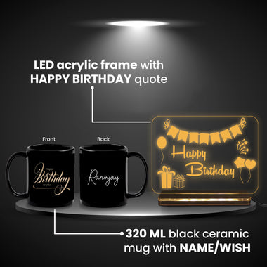 Personalized Birthday LED Acrylic Lamp with Wooden Base & Custom Mug with Name