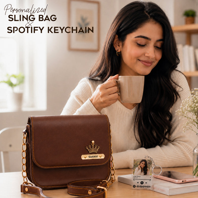 Customized Leather Sling Bag with Name & Charm and Spotify Photo Keychain with Favourite Song | Personalized Rakhi Gift for Sister