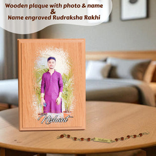 Personalized Rakhi Gift – Photo Printed Wooden Plaque + Name Engraved Rudraksh Rakhi.