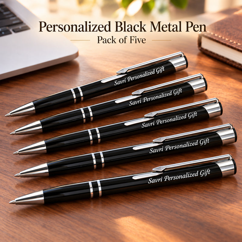 Personalized Metal Ballpoint Pens with Company Name Printed | Black Pen Pack of 5 | Refillable Corporate Pens