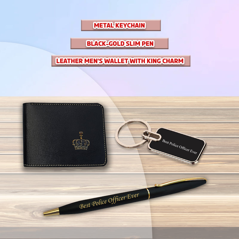 Police Set (Male) - Keychain & Pen with 'Best Police Officer Ever' Engraved, Wallet with King Charm.