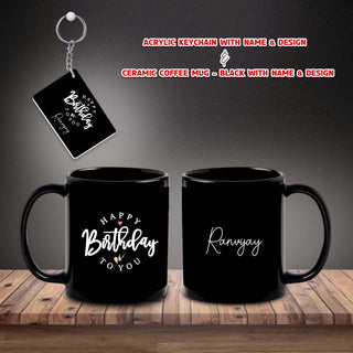 Birthday Gift Combo - Black Ceramic Coffee Mug & Acrylic Keychain with Happy Birthday Quote & Custom Name.