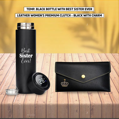Black Leather Women's Clutch & Temperature Black Bottle with Quote.