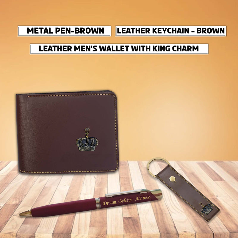 Diwali Gift Set for Men - Leather Wallet, Keychain & King Charm, Quote Engraved Pen